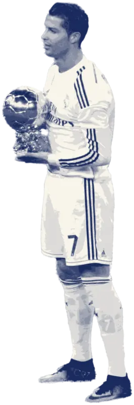 Cristiano Ronaldo in Real Madrid white, holding the Ballon d'Or